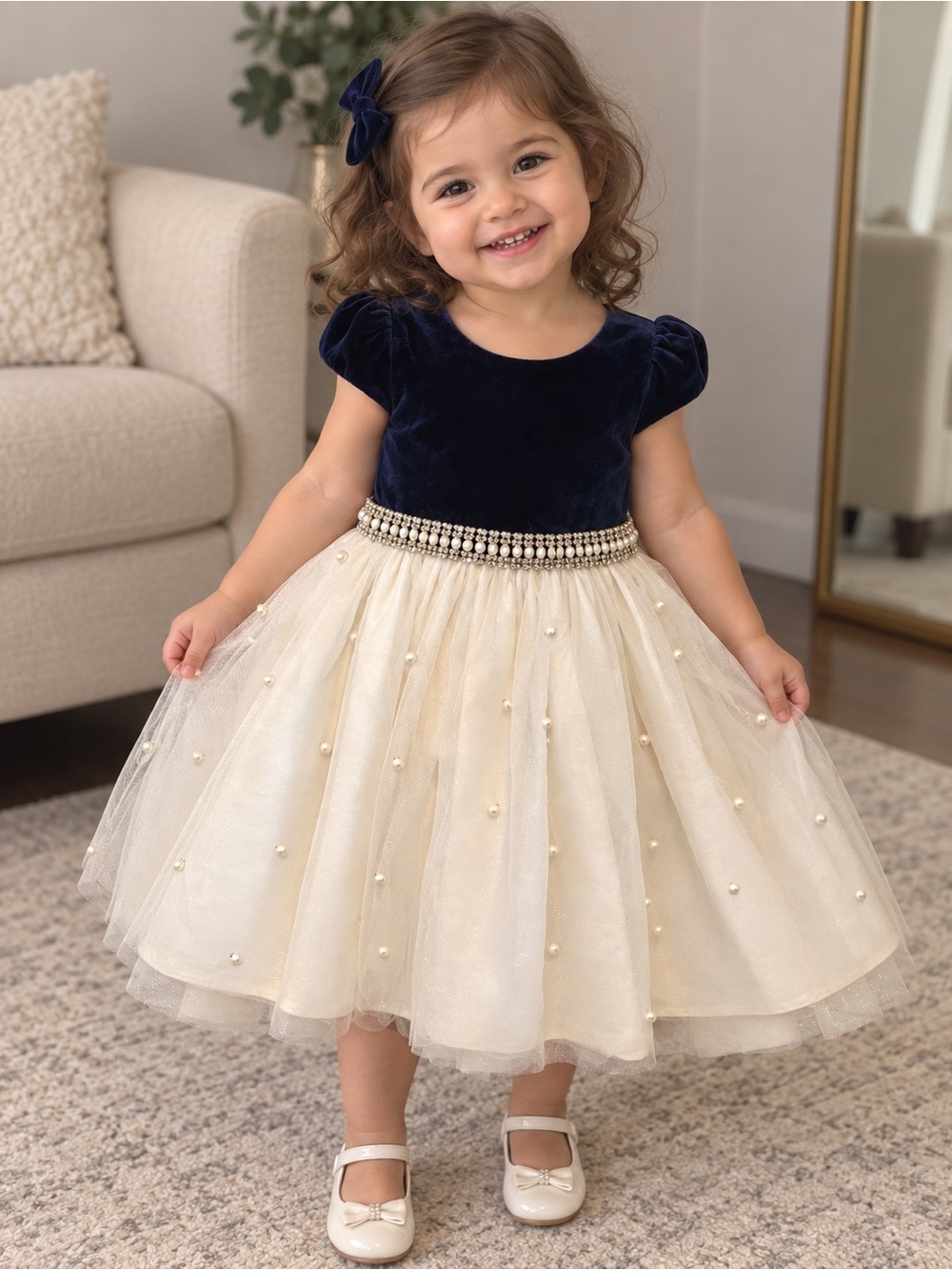 American Princess Navy and Cream Pearl Tulle Skirted Dress